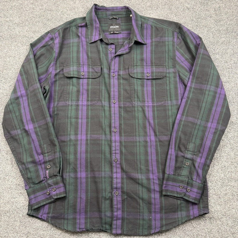 prAna Plaid Button‎ Up Shirt Mens [Size] Green Purple Long Sleeve Organic Cotton